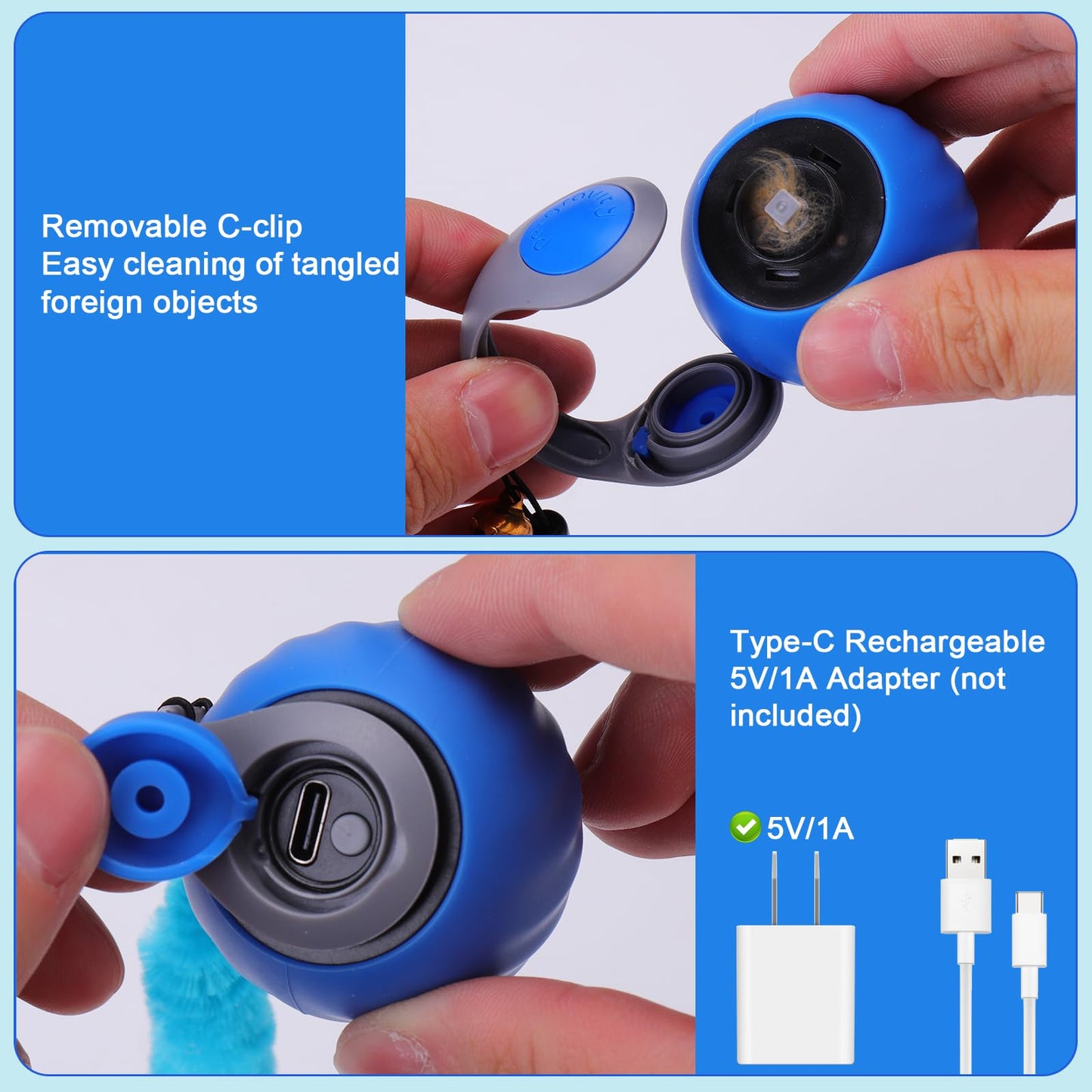 BABORUI Interactive Cat Toy Ball - Automatic Interactive Cat Toys for Indoor Cats with 3 Tails, 2 Speeds Rechargeable Cat Enrichment Toys for Small/Medium/Large Cats to Keep Them Busy(Blue)