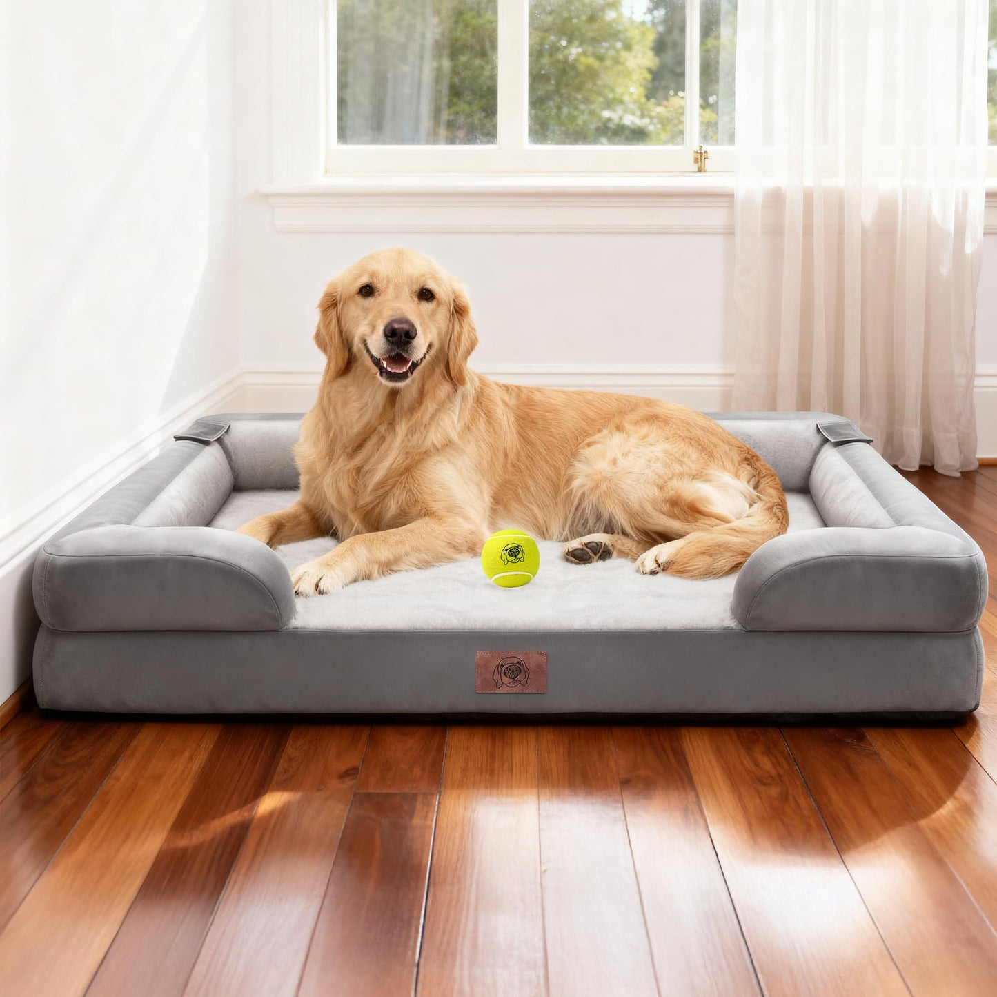 Extra Large Dog Bed, Orthopedic XL Washable Memory Foam Bed for Big Dogs Waterproof Pet Couch Sofa Bolster with Removable Cover, Non-Slip Bottom, Tennis Ball Toy, 42x30