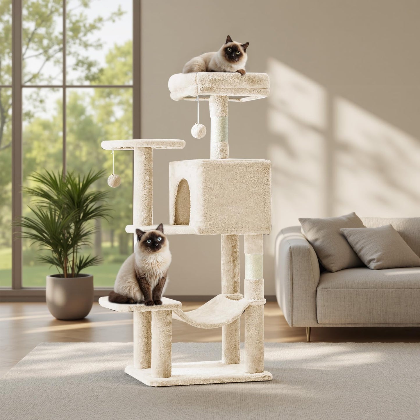 Sweetcrispy 44 Inch Cat Tree Tower, Cat Climbing Tower with Natural Sisal Scratching Posts, Hammock, Pet Condo for Indoor Cats and Kittens Play, Beige