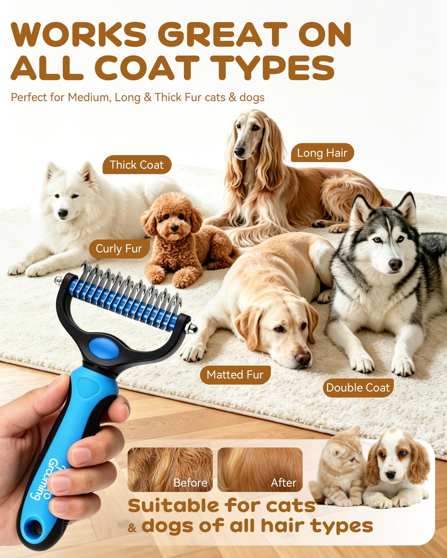 Pet Pro Grooming Tool, 2-In-1 Double-Sided Grooming Tool, Deshedding Dog Brush, Pet Shedding Remover Rounded-Tooth Comb For Painlessly Removing Knots And Loose Hair (Blue-Large)