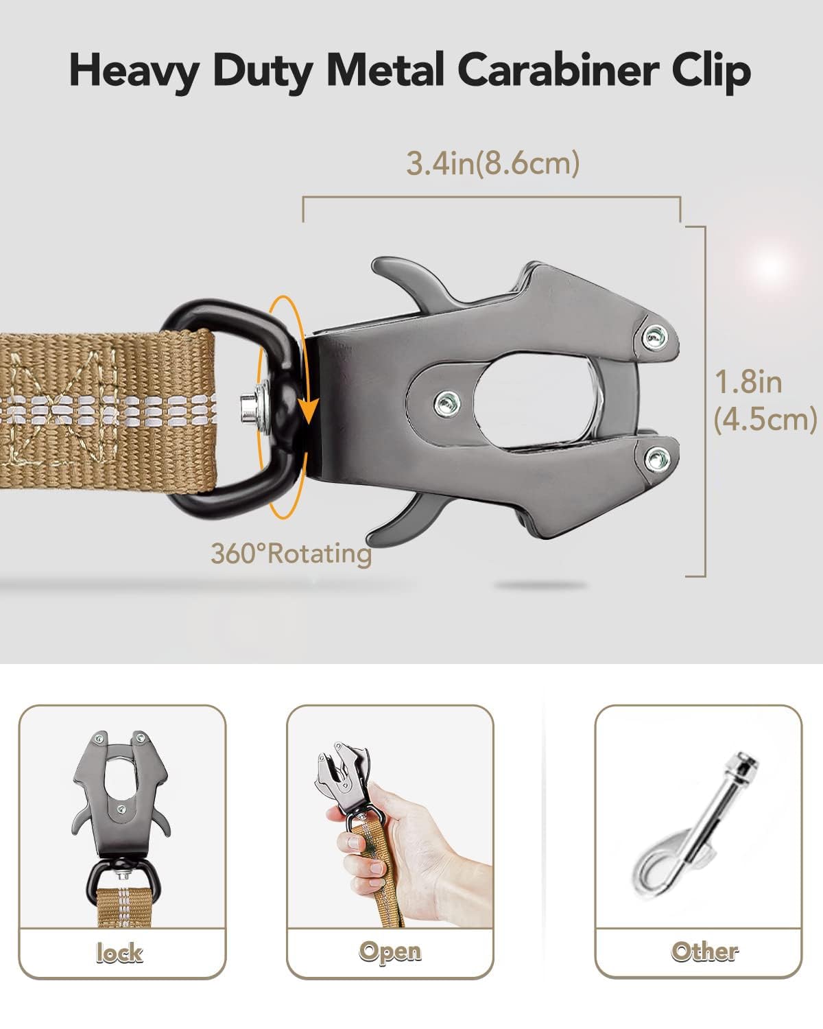 Joytale Tactical Dog Leash Heavy Duty, 4-6FT Shock Absorbing Bungee Lead with 2 Padded Handle, Metal Carabiner Clip, Car Seatbelt, Strong No Pull Leash for Medium Large X-Large Dogs, Coyote Brown