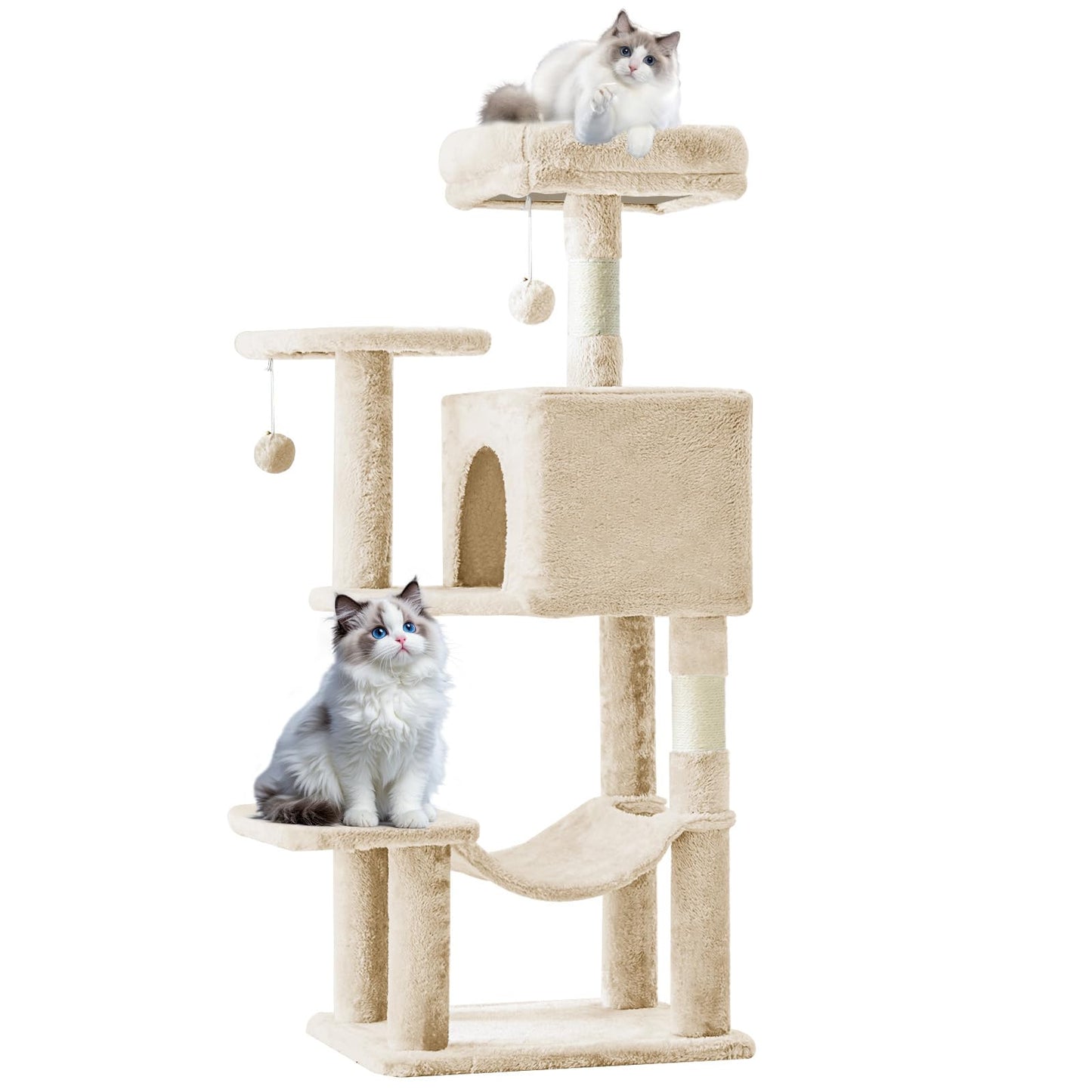 Sweetcrispy 44 Inch Cat Tree Tower, Cat Climbing Tower with Natural Sisal Scratching Posts, Hammock, Pet Condo for Indoor Cats and Kittens Play, Beige