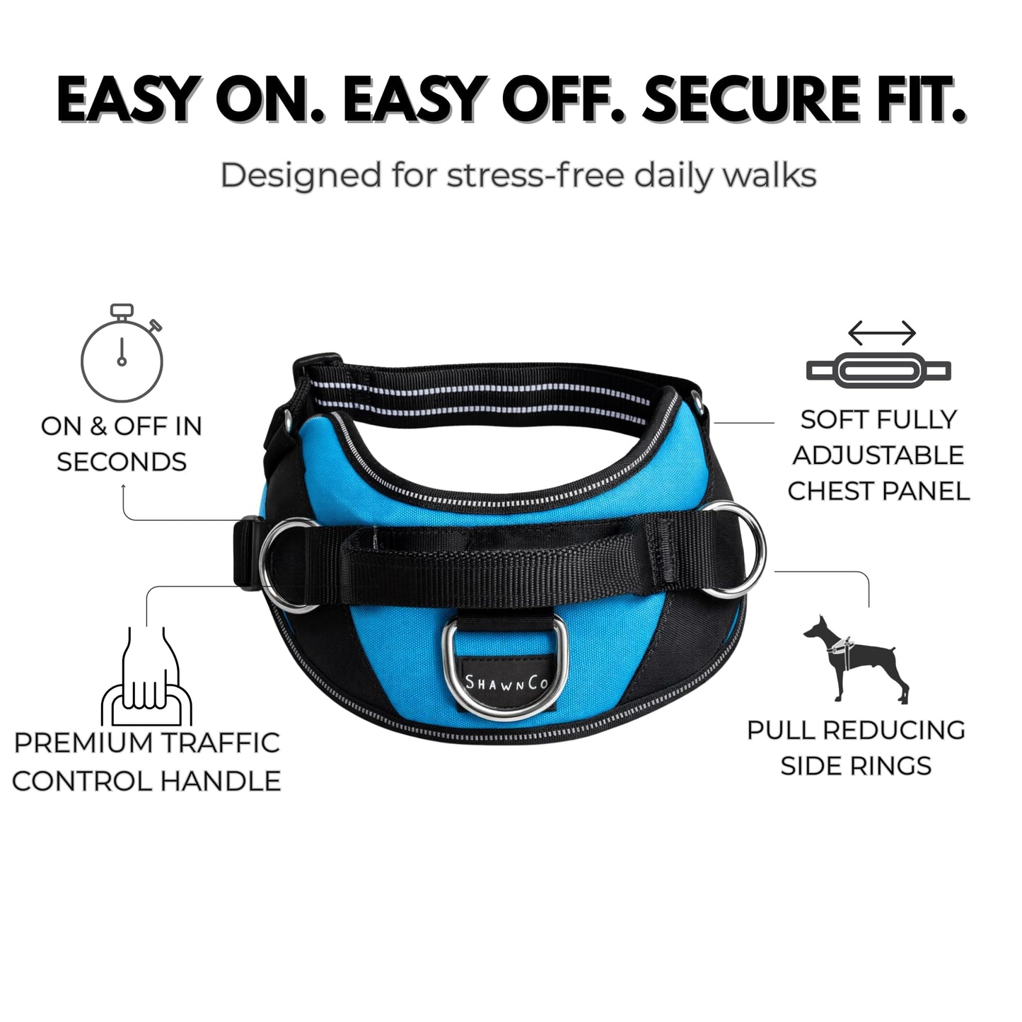 ShawnCo Essential Dog Harness, No-Pull Pet Vest with 3 Leash Clips, No Choke, Reflective, Adjustable and Padded, for Easy Walking and Training for Small, Medium and Large Dogs (Oceanic Blue, S)
