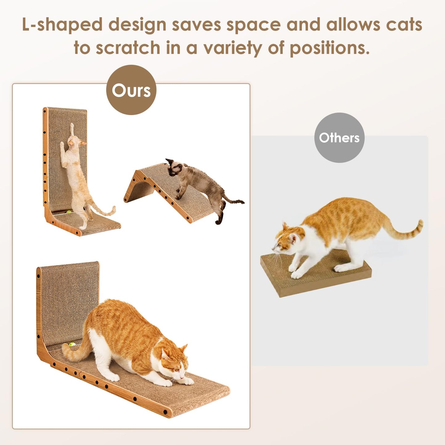 EHEYCIGA Cardboard Cat Scratcher for Indoor Cats, 26.8 Inch L Shaped Vertical Cat Scratching Board with Ball Cat Toy, Large Cat Scratcher Pad, Brown