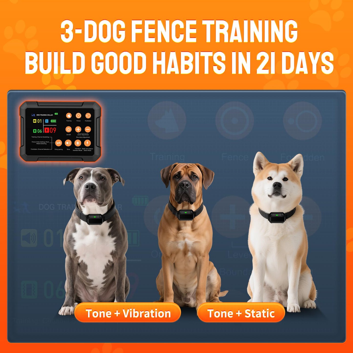 3-in-1 Wireless Dog Fence System for 3 Dogs with Remote Training Collar & Forbidden Zone,Adjustable 10-120ft Boundary Range, Beep Vibration & Static Shock Modes,IPX7 Waterproof for Yard & Home,2collar