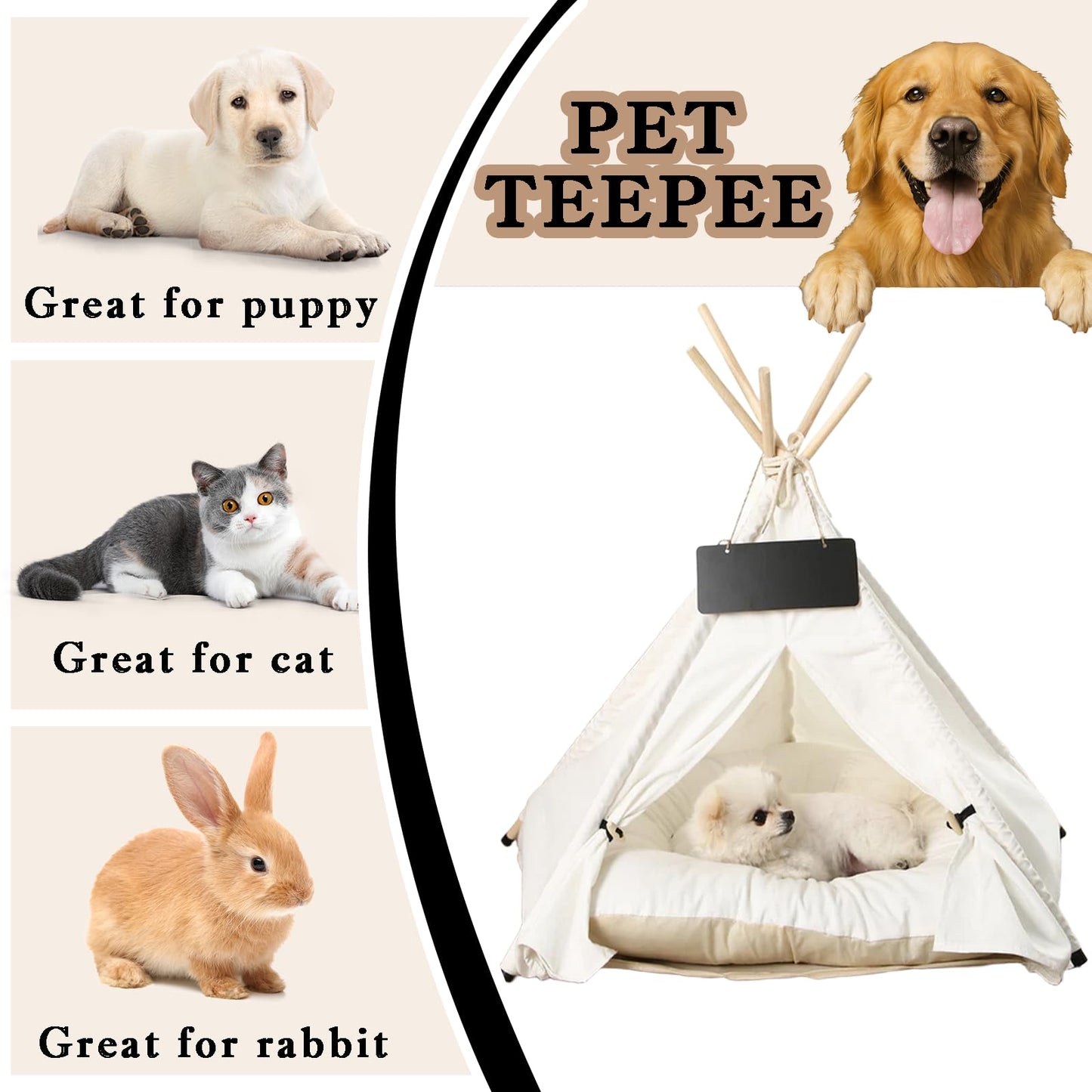 Norvianic Cozy Indoor Pet Cat Teepee Bed—Combines cat Tent, Dog Tent, and Dog House functionality into one Portable pet Tent with Plush pad. (White, S)