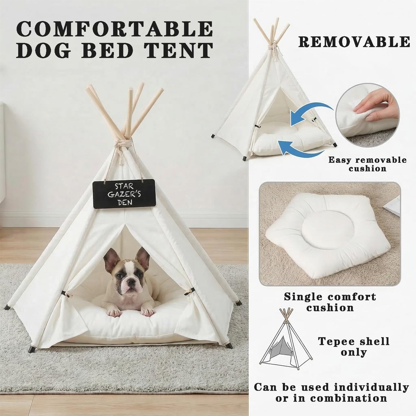 Norvianic Cozy Indoor Pet Cat Teepee Bed—Combines cat Tent, Dog Tent, and Dog House functionality into one Portable pet Tent with Plush pad. (White, S)
