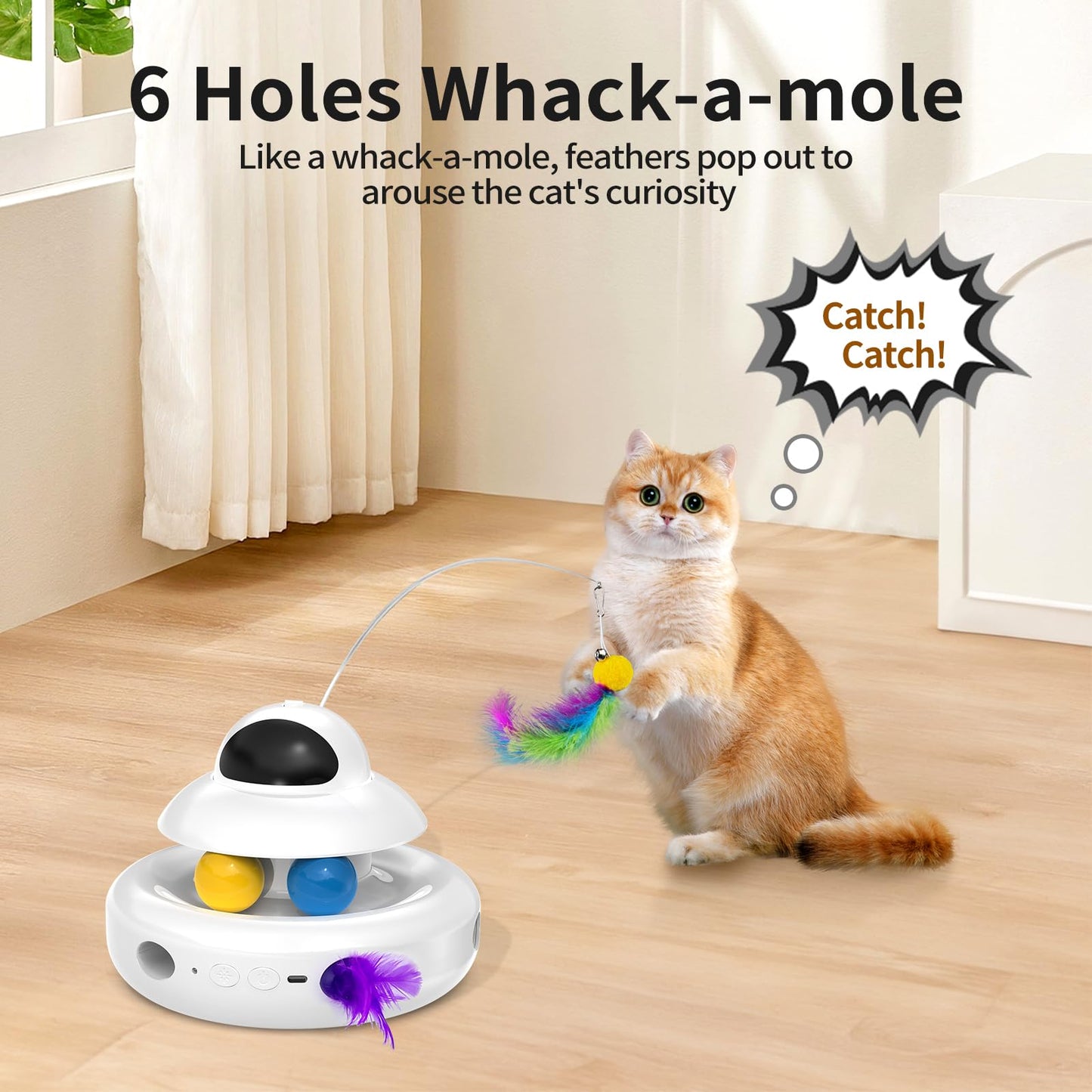 MOHAYA Cat Toys，4-in-1 Interactive Cat Toy for Indoor Cats with Laser, Fluttering Butterfly, Moving Feather and Track Balls - USB Rechargeable Self-Play Kitten Toy (White)