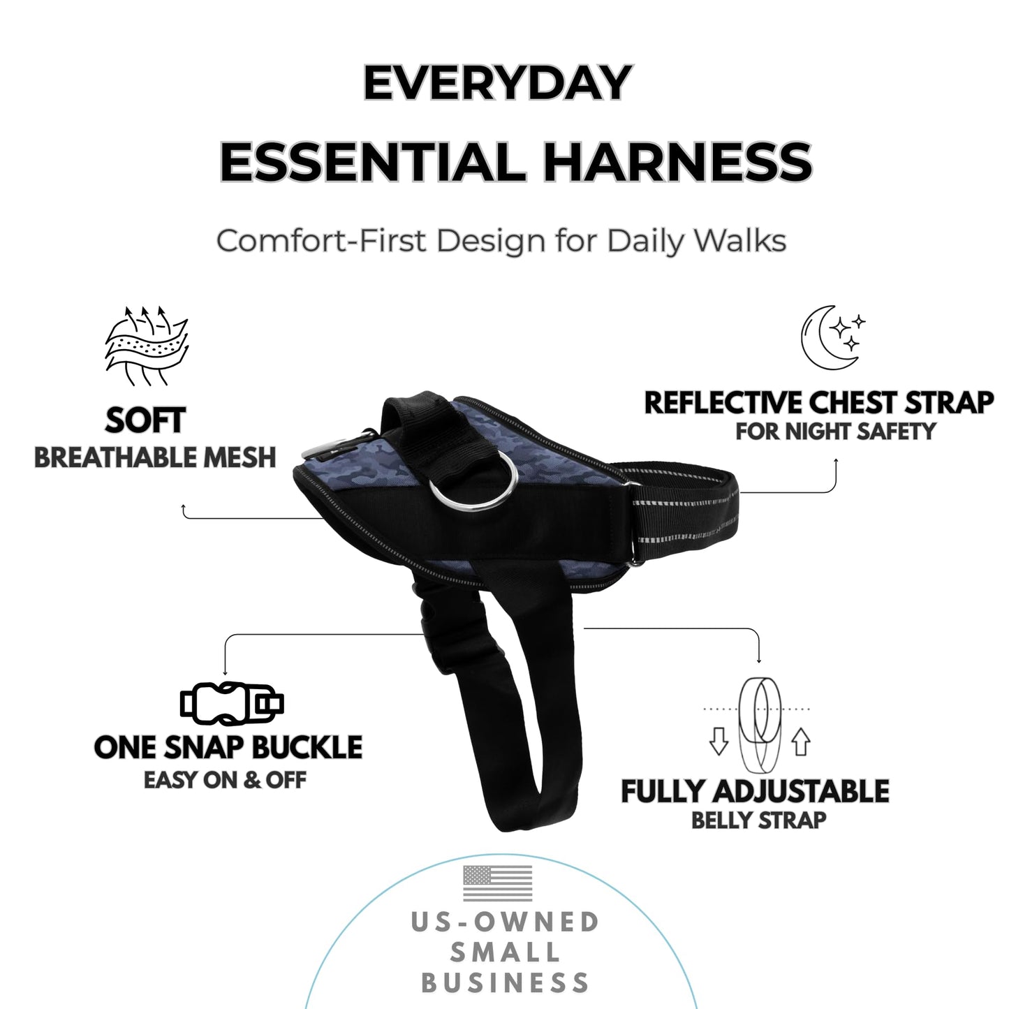 ShawnCo Essential Dog Harness, No-Pull Pet Vest with 3 Leash Clips, No Choke, Reflective, Adjustable and Padded, for Easy Walking and Training for Small, Medium and Large Dogs (Dark Camo, XS)