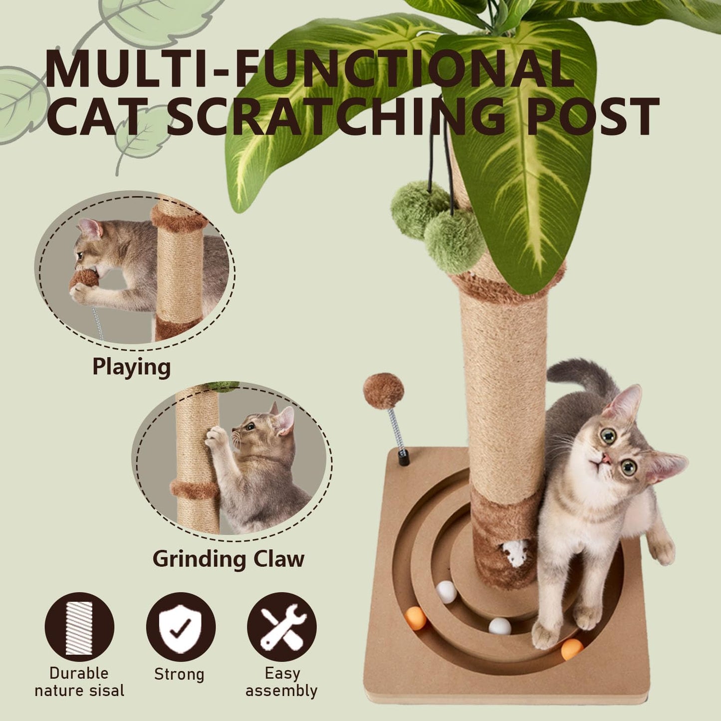 MECOOL Cat Scratching Post Sturdy and Premium Scratch Posts with Hanging Ball and Ball Track Toy Cute Cat Tree 30in for Indoor Kittens