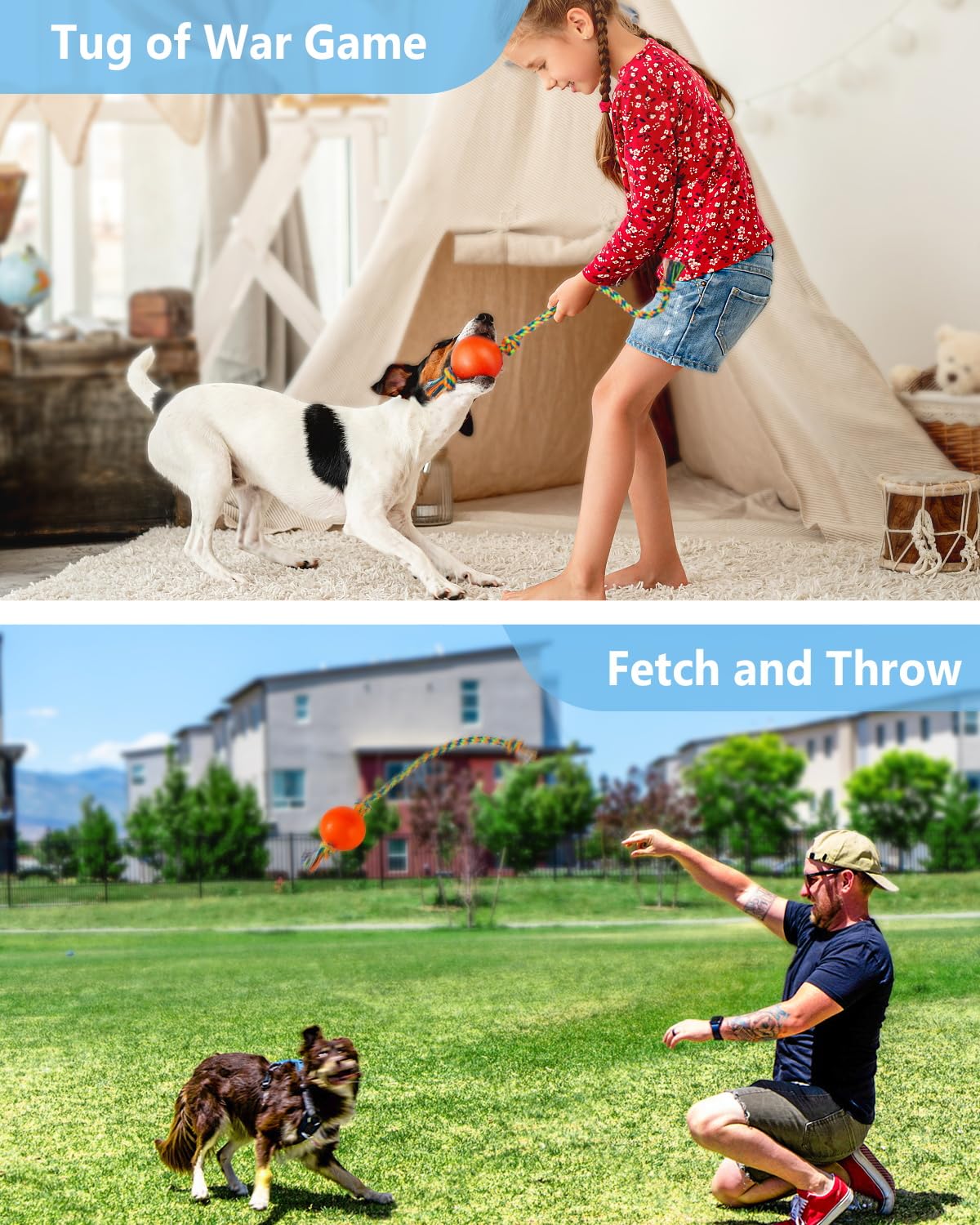 Harhana Rope Toys With Squeaky Ball - Tug of War Toy for Small, Medium Dogs - Durable Rubber, Interactive Fetch Toys for Boredom
