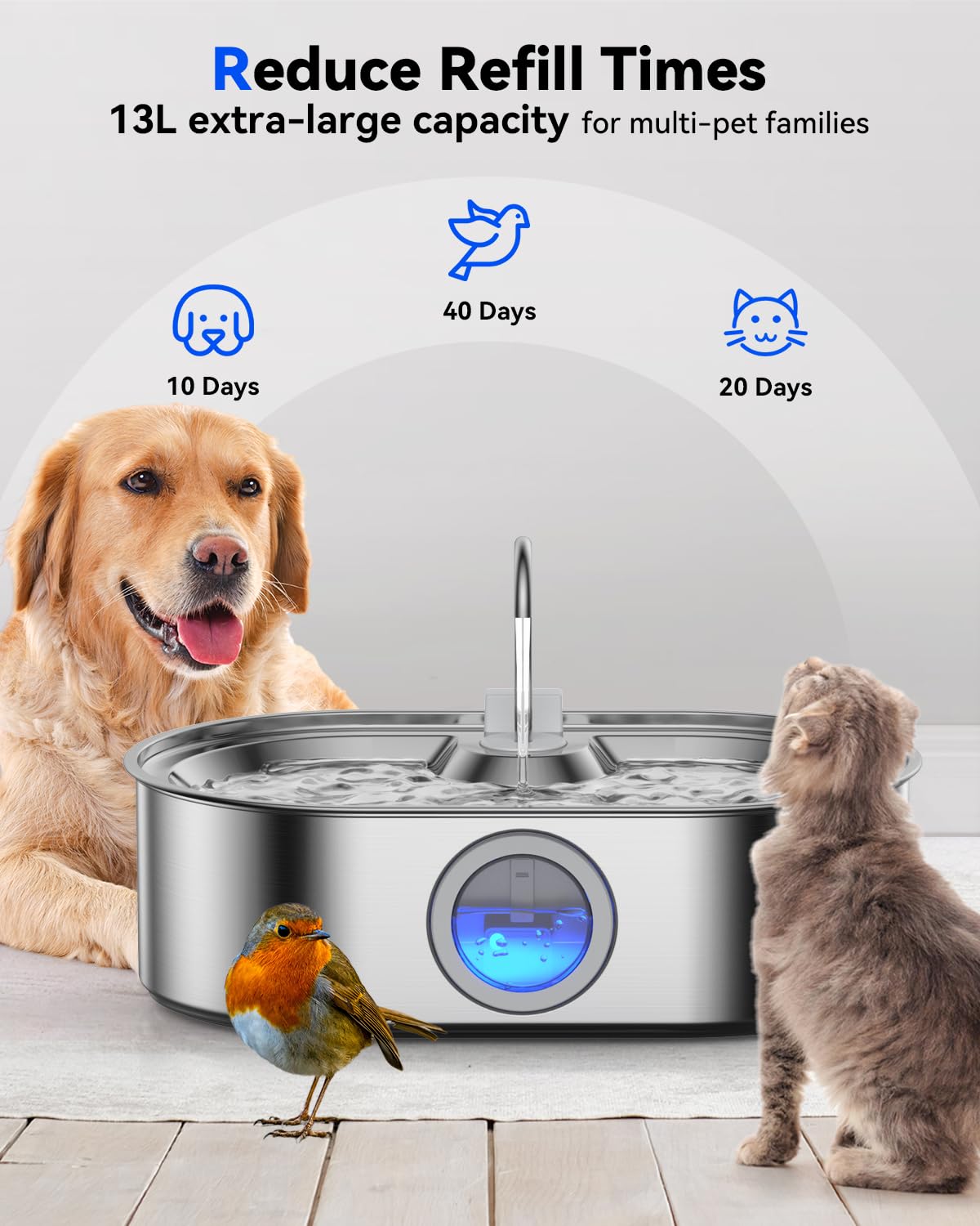 3.4‑Gallon Stainless Steel Dog Water Fountain – 13L Large‑Breed