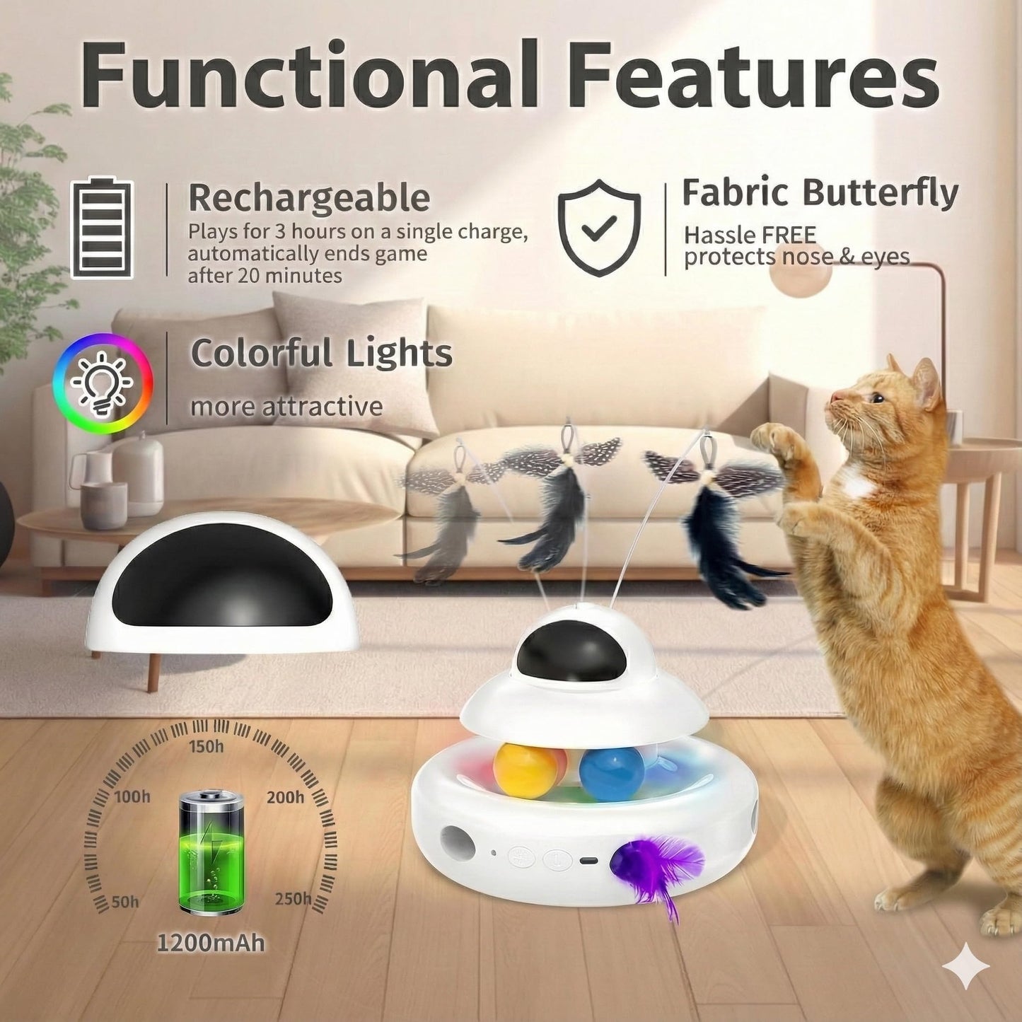 MOHAYA Cat Toys，4-in-1 Interactive Cat Toy for Indoor Cats with Laser, Fluttering Butterfly, Moving Feather and Track Balls - USB Rechargeable Self-Play Kitten Toy (White)