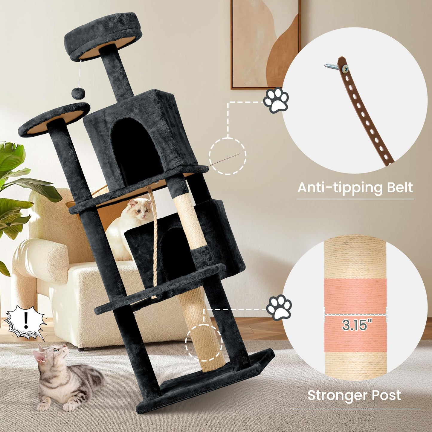 TSCOMON 58.5inch Large Cat Tree Tower Condo for Indoor Cats, Soft Plush Multi-Level Climbing Tree Cat House with Cat Cave, Scratching Post, More Entrance/Exit, Sisal Rope, Deep Grey