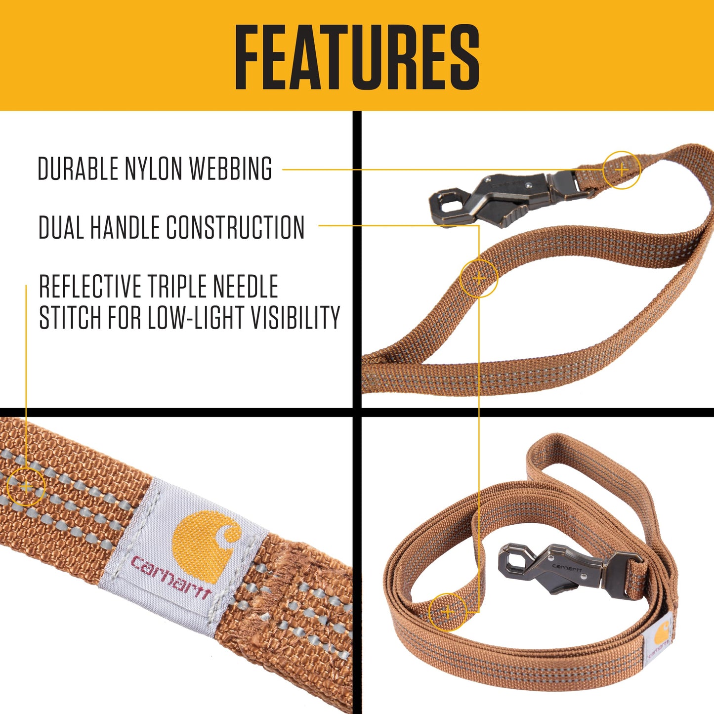 Carhartt Dual Handle Dog Leash, Durable Nylon Webbing Fabric W/Secure Metal Trigger Claw Clasp, Carhartt Brown, Large
