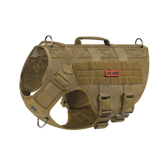 OneTigris No Pull Tactical Dog Harness for Medium Dog, Aire Mesh Dog Vest Harness, Breathable Military Molle Vests with Handles, Service Dog Vest for Walking Hiking Training (M, Brown)