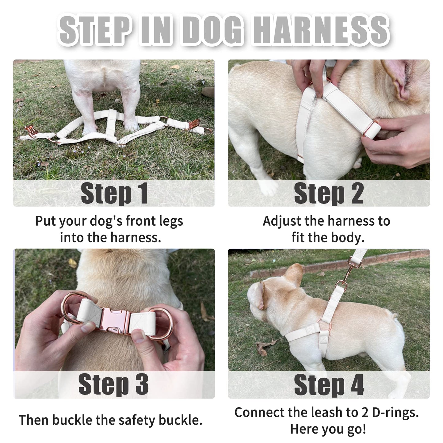 Soft Leather No‑Pull Dog Harness – Adjustable Step‑In Design with Rose Gold Metal Buckle