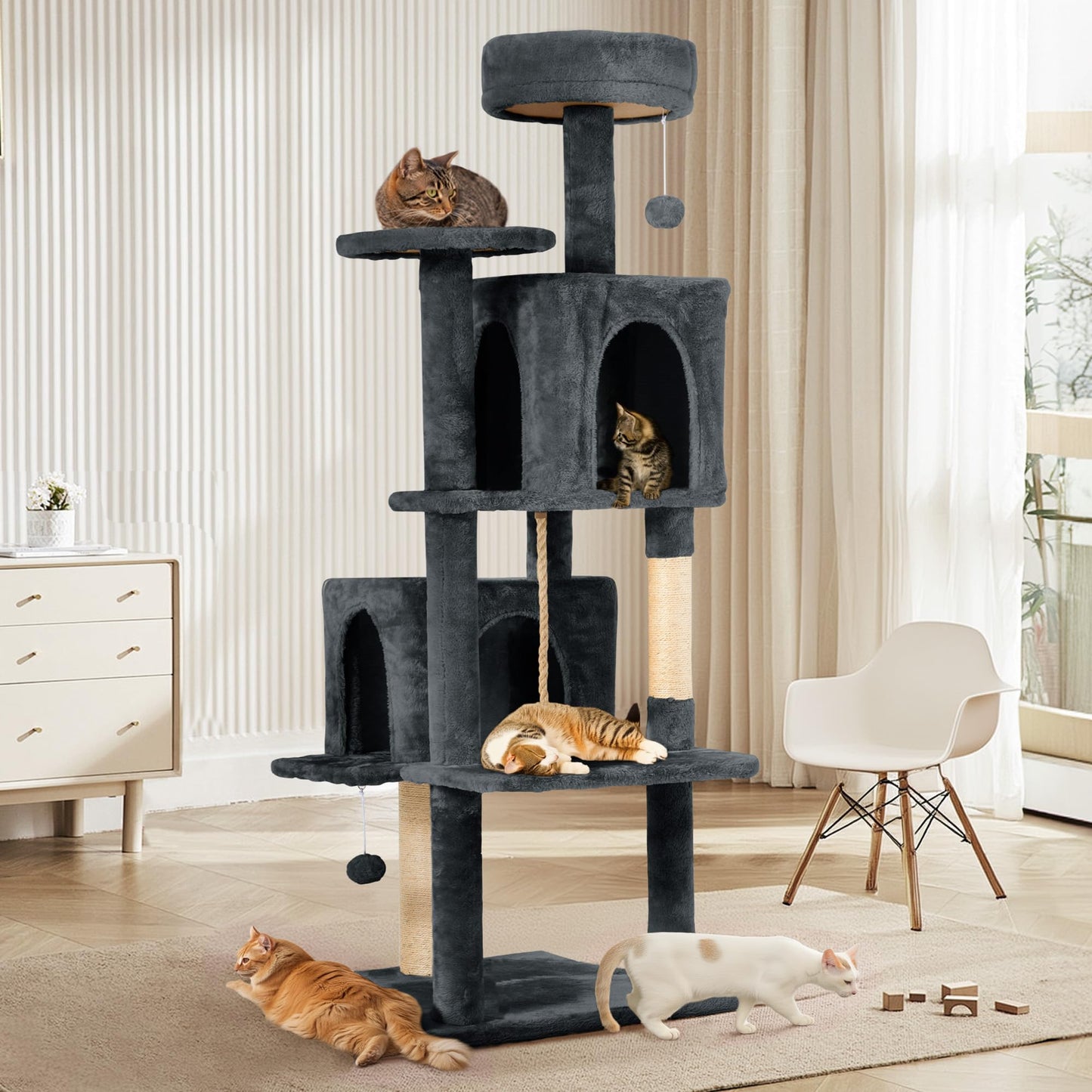 TSCOMON 58.5inch Large Cat Tree Tower Condo for Indoor Cats, Soft Plush Multi-Level Climbing Tree Cat House with Cat Cave, Scratching Post, More Entrance/Exit, Sisal Rope, Deep Grey