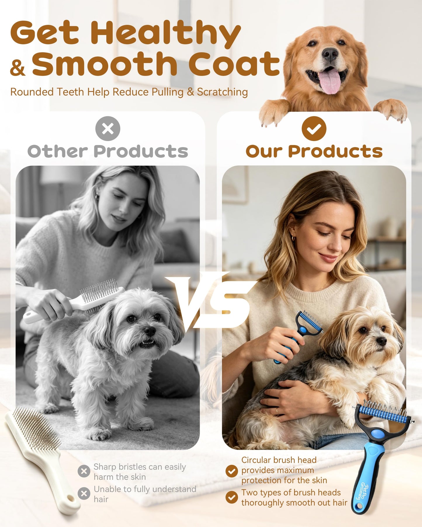 Pet Pro Grooming Tool, 2-In-1 Double-Sided Grooming Tool, Deshedding Dog Brush, Pet Shedding Remover Rounded-Tooth Comb For Painlessly Removing Knots And Loose Hair (Blue-Large)