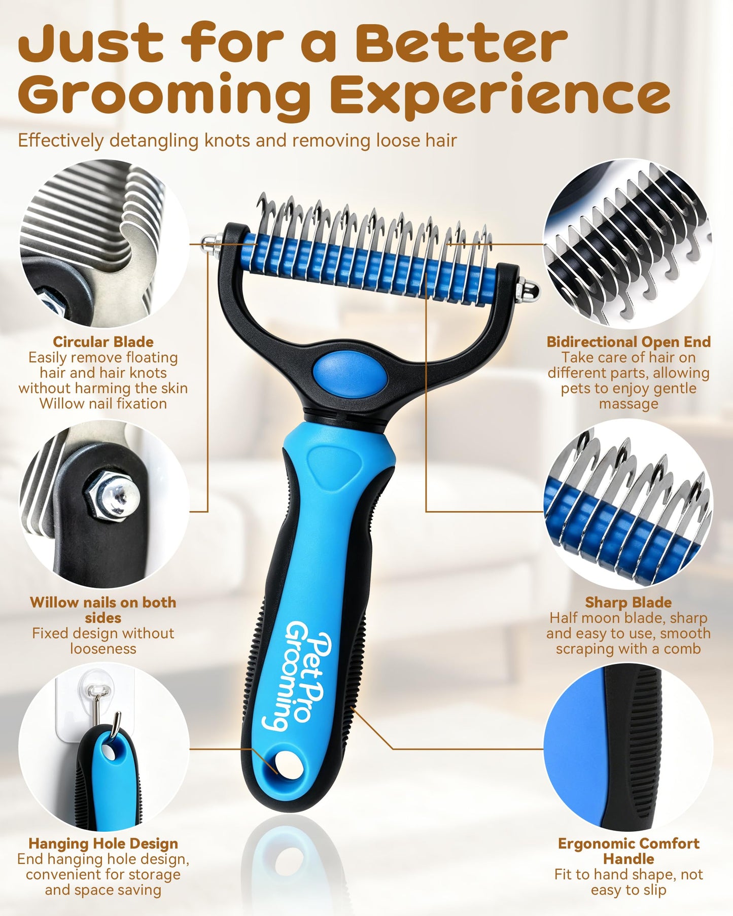 Pet Pro Grooming Tool, 2-In-1 Double-Sided Grooming Tool, Deshedding Dog Brush, Pet Shedding Remover Rounded-Tooth Comb For Painlessly Removing Knots And Loose Hair (Blue-Large)