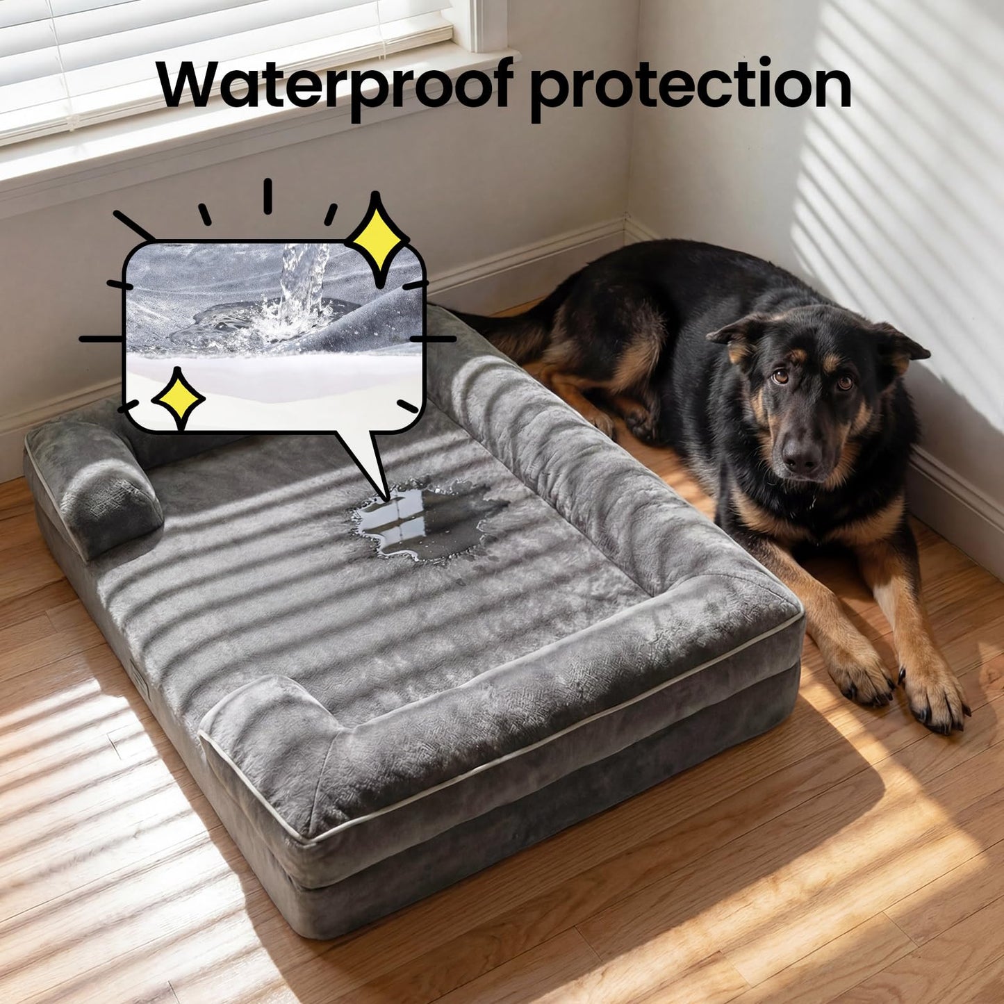 OhGeni Orthopedic Dog Bed Couch Big Cat Sofa for Extra Large Sized Pets with Memory Foam, Machine-Washable Waterproof Removable Cover, Soft Comfortable Fabric, 44-inch (Gray)