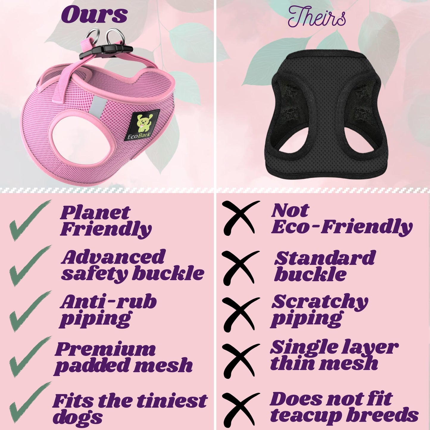 EcoBark Premium Quality Dog Harness - Teacup Dog Harnesses - Step in Halter Vest - Eco-Friendly Luxury Soft Mesh Halter - No Pull Mini Chest Body Collar - for Puppy & Toy Breeds (XXS, Baby Pink)