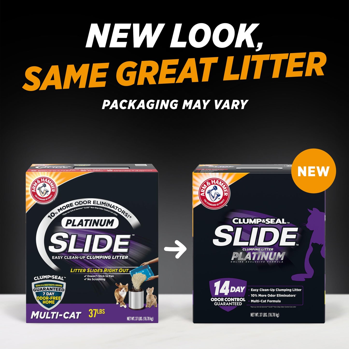 ARM & HAMMER Clump & Seal SLIDE Platinum Multi-Cat Clumping Cat Litter, Easy Clean Technology with No Scrubbing, 14-Day Odor Control, 37 lbs