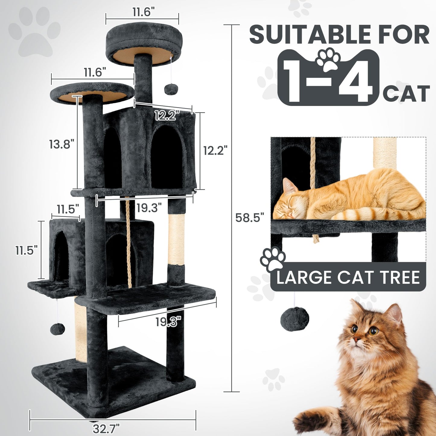 TSCOMON 58.5inch Large Cat Tree Tower Condo for Indoor Cats, Soft Plush Multi-Level Climbing Tree Cat House with Cat Cave, Scratching Post, More Entrance/Exit, Sisal Rope, Deep Grey