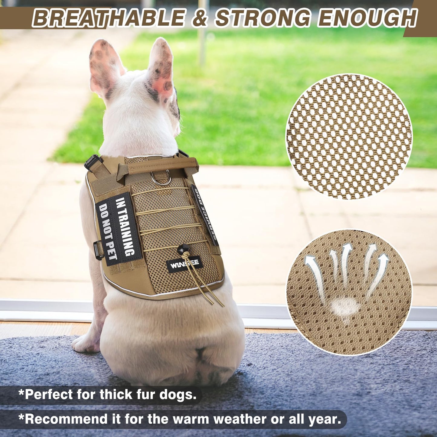 WINSEE Service Dog Harness – Breathable Mesh Tactical Vest with 10 Patches & Reflective Trim for Large Dogs