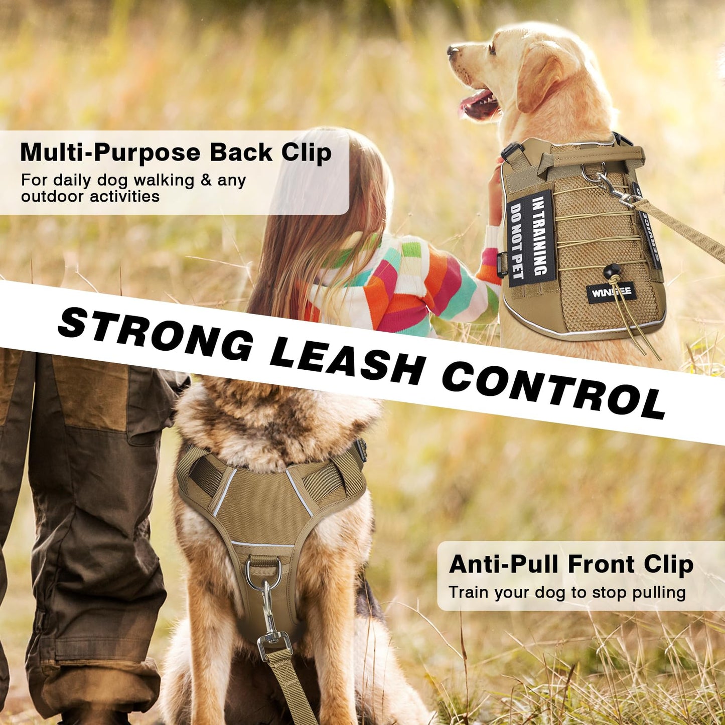 WINSEE Service Dog Harness – Breathable Mesh Tactical Vest with 10 Patches & Reflective Trim for Large Dogs