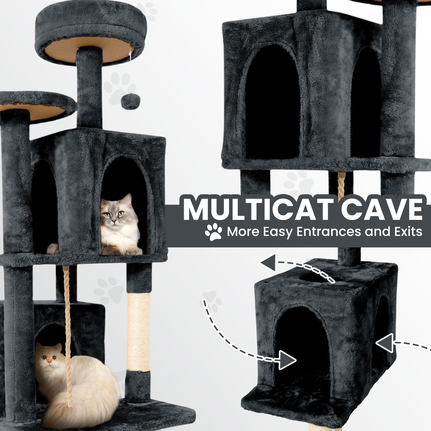 TSCOMON 58.5inch Large Cat Tree Tower Condo for Indoor Cats, Soft Plush Multi-Level Climbing Tree Cat House with Cat Cave, Scratching Post, More Entrance/Exit, Sisal Rope, Deep Grey