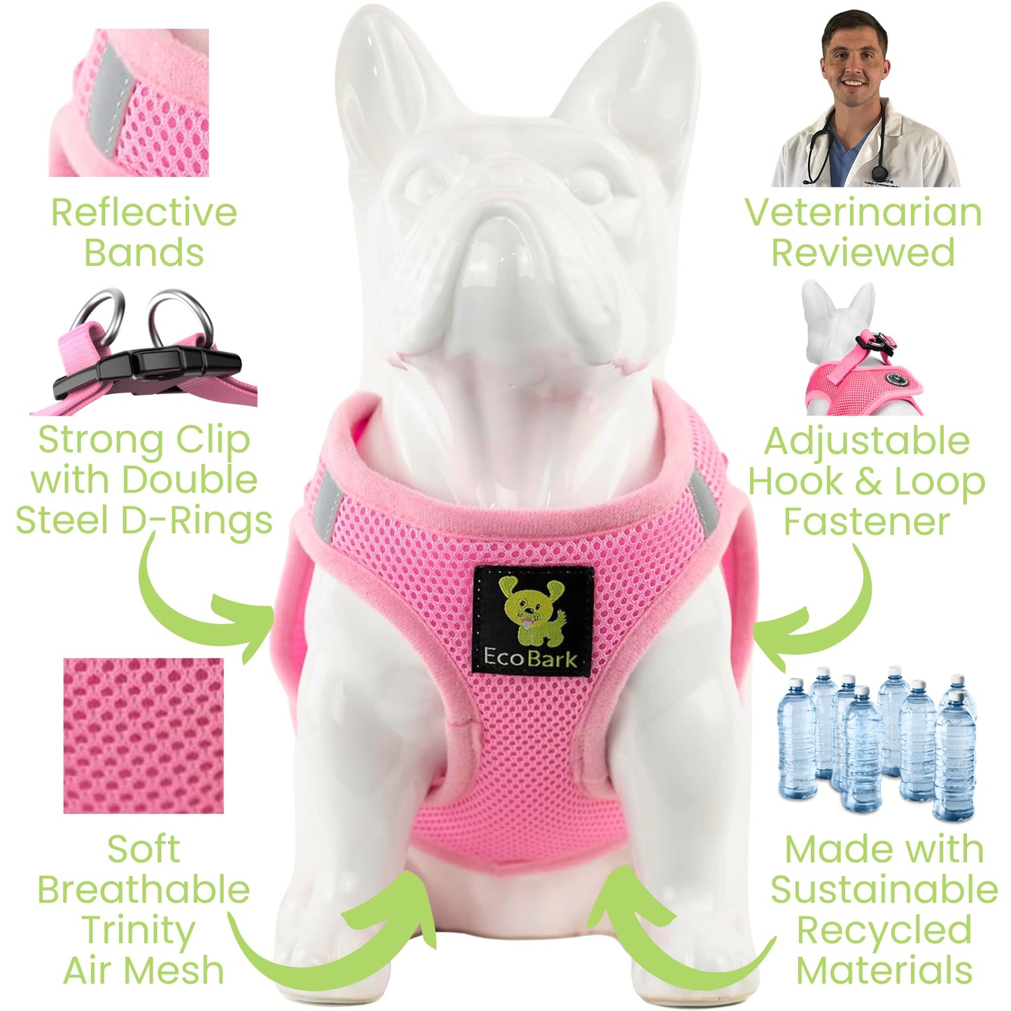 EcoBark Premium Quality Dog Harness - Teacup Dog Harnesses - Step in Halter Vest - Eco-Friendly Luxury Soft Mesh Halter - No Pull Mini Chest Body Collar - for Puppy & Toy Breeds (XXS, Baby Pink)