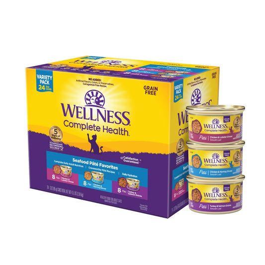 Wellness Complete Health Pate Variety Pack Adult Canned Wet Cat Food, Natural, Protein Rich, Grain Free, Seafood Favorites, 3 oz, Pack of 24 Cans