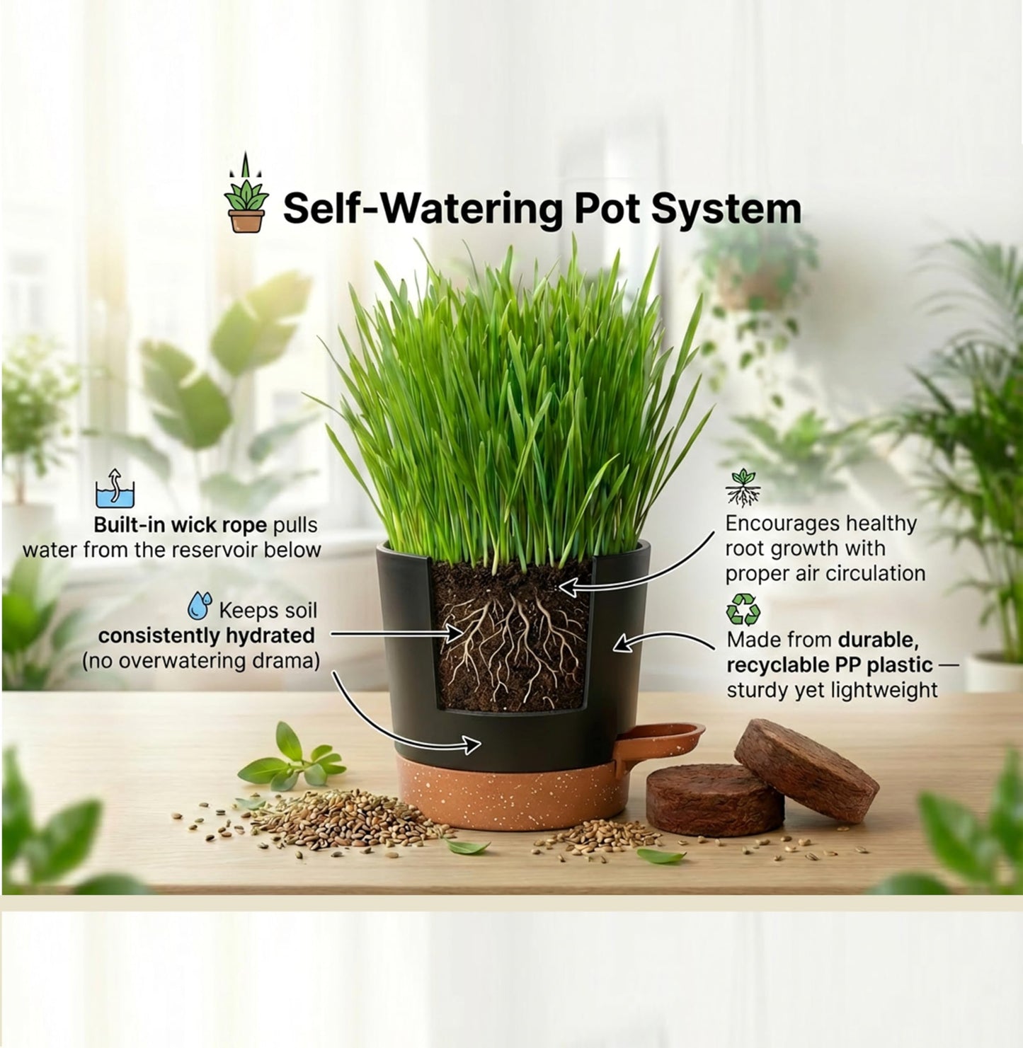 House Tiger Cat Grass Kit for Indoor Cats | Aids Digestion, Hairball Control & Oral Health | Complete Kit Includes Premium Organic seed, Innovative Self-Watering Pot & Eco Friendy Coco Coir Soil Discs