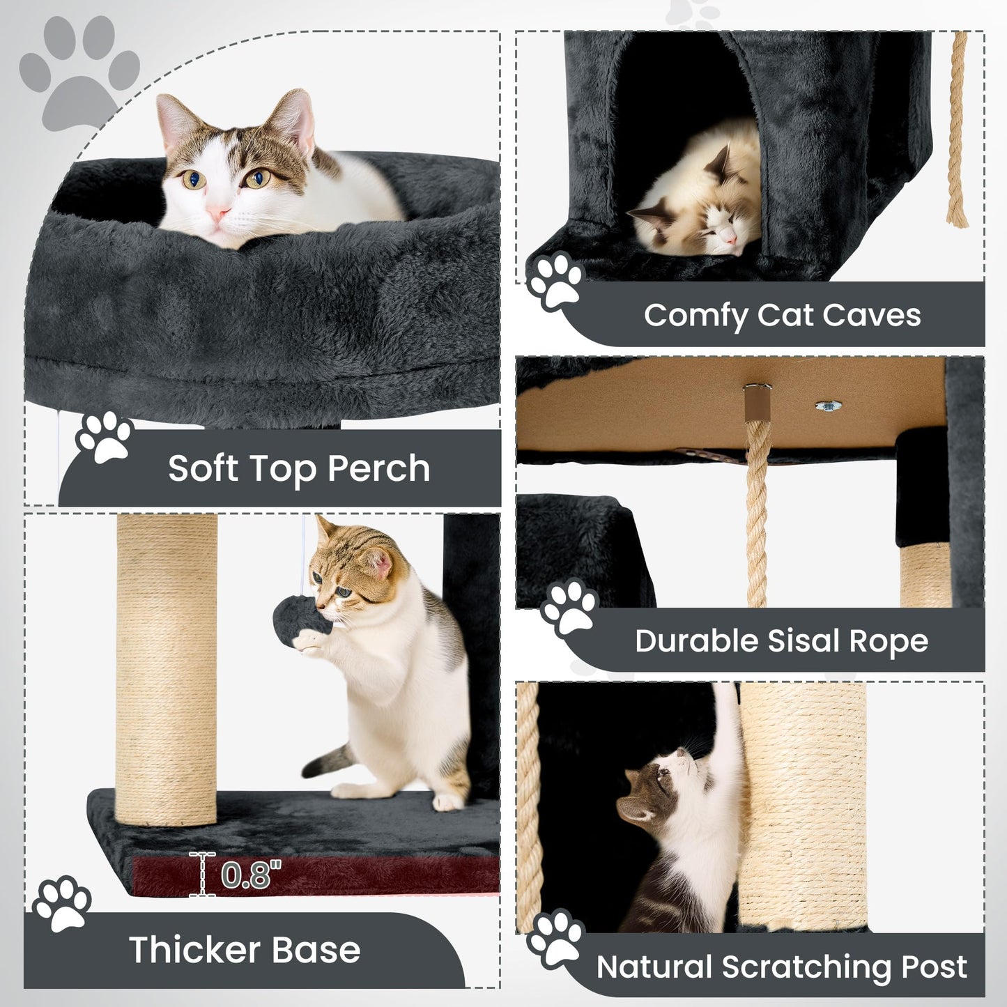 TSCOMON 58.5inch Large Cat Tree Tower Condo for Indoor Cats, Soft Plush Multi-Level Climbing Tree Cat House with Cat Cave, Scratching Post, More Entrance/Exit, Sisal Rope, Deep Grey