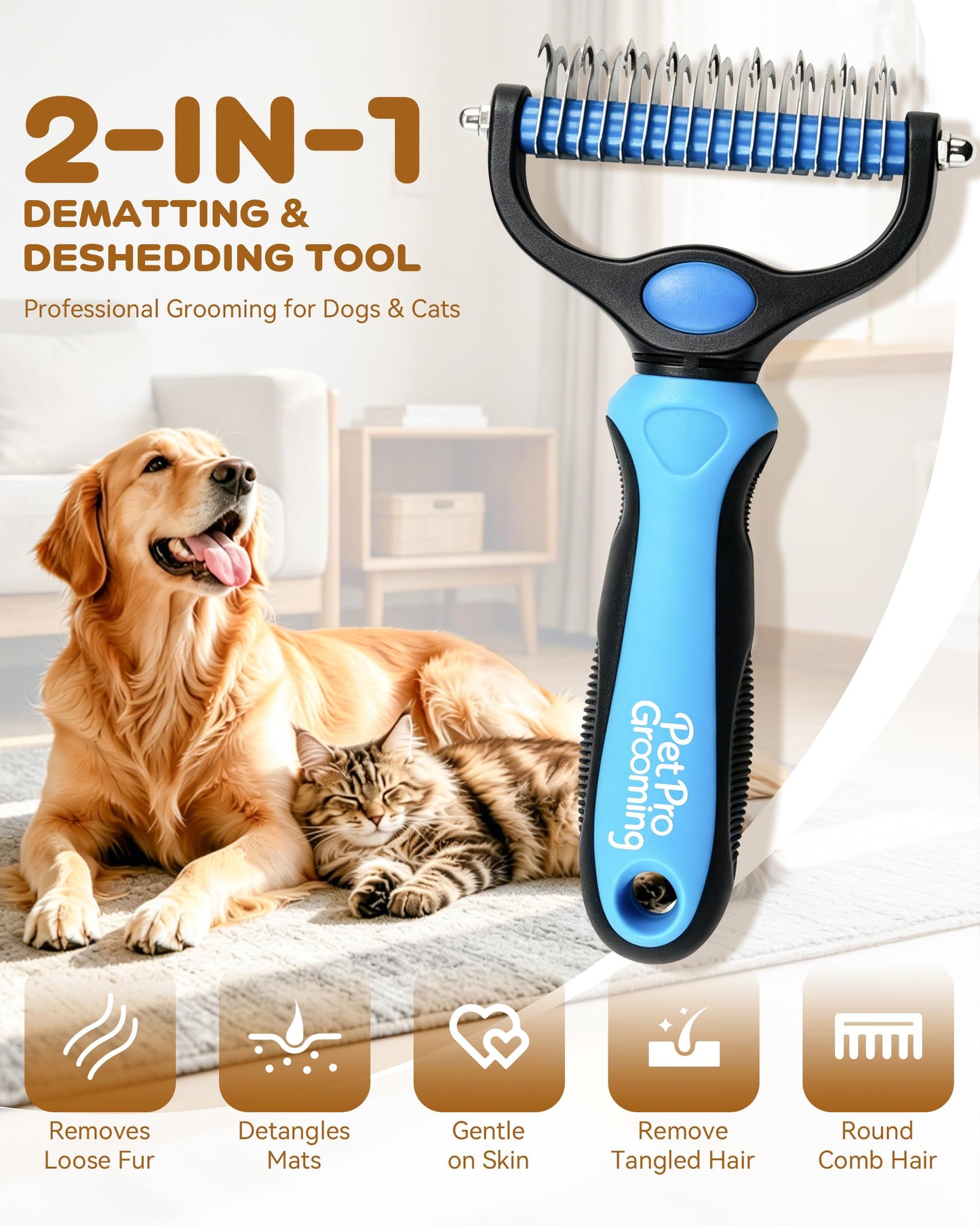 Pet Pro Grooming Tool, 2-In-1 Double-Sided Grooming Tool, Deshedding Dog Brush, Pet Shedding Remover Rounded-Tooth Comb For Painlessly Removing Knots And Loose Hair (Blue-Large)