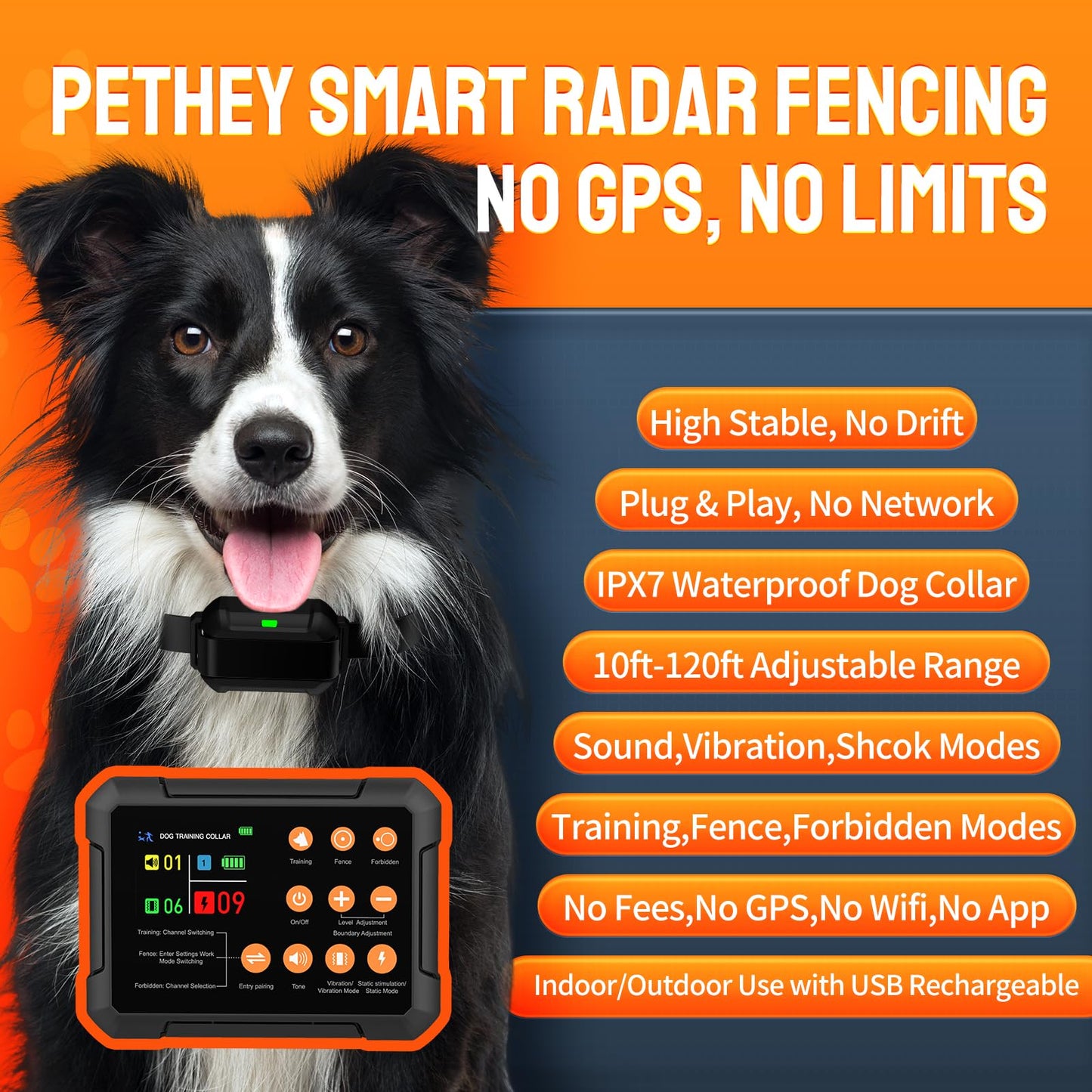 3-in-1 Wireless Dog Fence System for 3 Dogs with Remote Training Collar & Forbidden Zone,Adjustable 10-120ft Boundary Range, Beep Vibration & Static Shock Modes,IPX7 Waterproof for Yard & Home,2collar