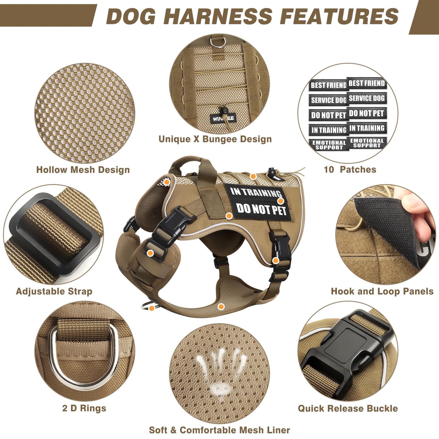 WINSEE Service Dog Harness – Breathable Mesh Tactical Vest with 10 Patches & Reflective Trim for Large Dogs