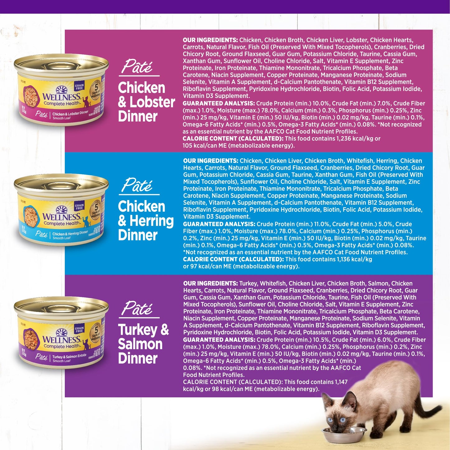 Wellness Complete Health Pate Variety Pack Adult Canned Wet Cat Food, Natural, Protein Rich, Grain Free, Seafood Favorites, 3 oz, Pack of 24 Cans